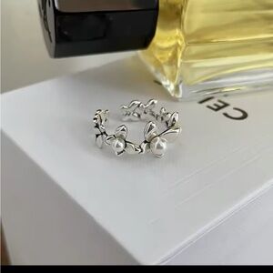 925 Sterling Silver Personality Flower Pearl Adjustable Ring